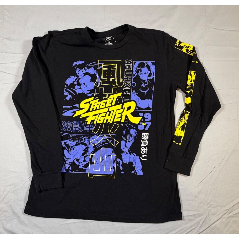 Street Fighter Mens Black Long Sleeve Graphic T-Shirt Ryu Chun-Li Ken Size M